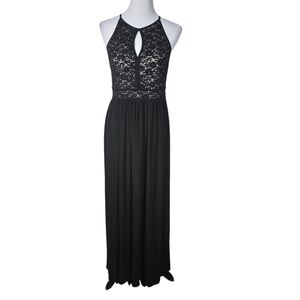 NW Night Way Petite 14P Black Lace Sequin Halter Maxi Dress